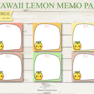 Puede incluir: Bloc de notas imprimible con seis ilustraciones de limones kawaii con la palabra "NOTE" en cada página. El bloc de notas mide 8 cm x 8 cm y está disponible para descarga instantánea en formato PDF.