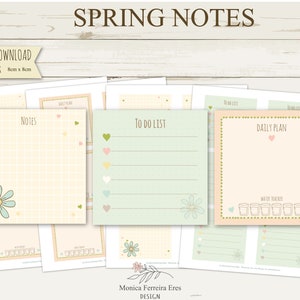 Puede incluir: Papel de notas imprimible con temática primaveral en un esquema de colores verde claro, amarillo y rosa. El papel de notas presenta un patrón de cuadrícula, una lista de tareas, un plan diario y un seguimiento del agua. El papel de notas está decorado con flores y corazones.