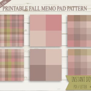 Puede incluir: Seis patrones de bloc de notas imprimibles con un diseño a cuadros en tonos de rosa, marrón y verde. Los patrones miden 8 cm x 8 cm y están disponibles para descarga instantánea como archivo PDF.