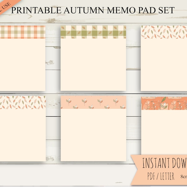 Printable Autumn Memo Pad SET/Hand Drawn/Digital files/Instant Download/Commercial use/Sticky Notes
