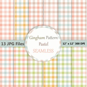 Puede incluir: Un conjunto de 13 archivos JPG con patrones de cuadros vichy pastel sin costuras. Los patrones son de varios colores, incluyendo melocotón, verde y azul. Cada patrón mide 30,48 cm x 30,48 cm a 300 DPI. El texto dice "Gingham Pattern Pastel SEAMLESS".
