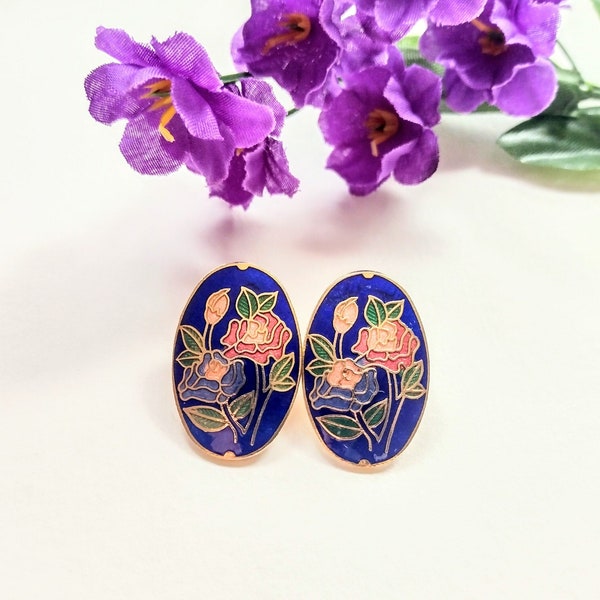 Vintage Cloisonne Roses Earrings - Oval Stud Earrings - Floral Jewelry - Blue Cloisonne Earrings - Pink Flowers Earrings - Gift For her