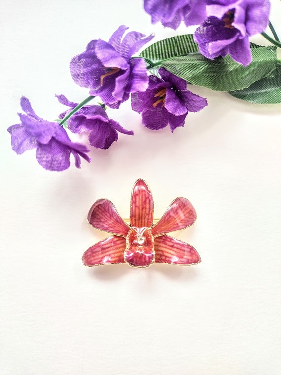 Vintage Real Pink Orchid Flower 24 kt Pendant Broo