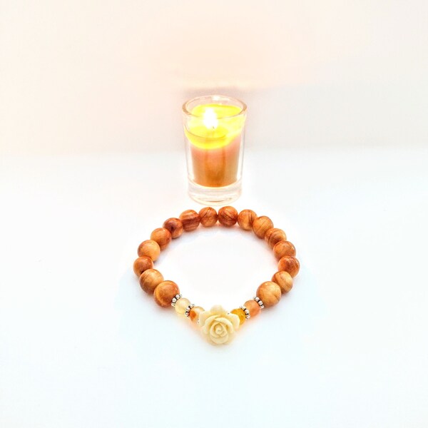 Handmade Yellow Agate Gemstone, White Flower & Wood Beads Bracelet | Protection, Strength, Will Power, Confidence | Women's Stretch One Size