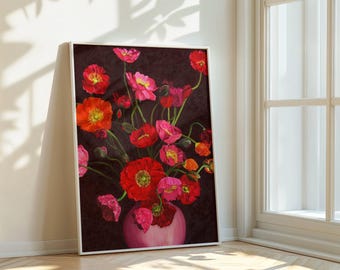 Isländischer Mohnblumen-Druck – Stimmungsvolle florale Wandkunst, dunkle botanische Malerei, maximalistische und farbenfrohe Blumendekoration