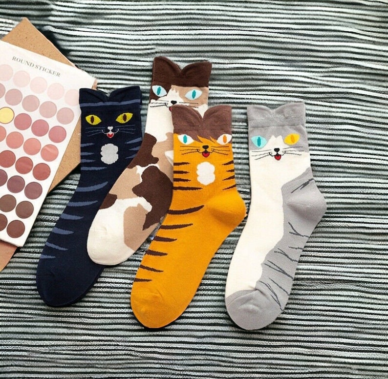 Cat Socks Cotton - Novelty Ladies Socks, 4 Pairs (Size 4-7) image 1