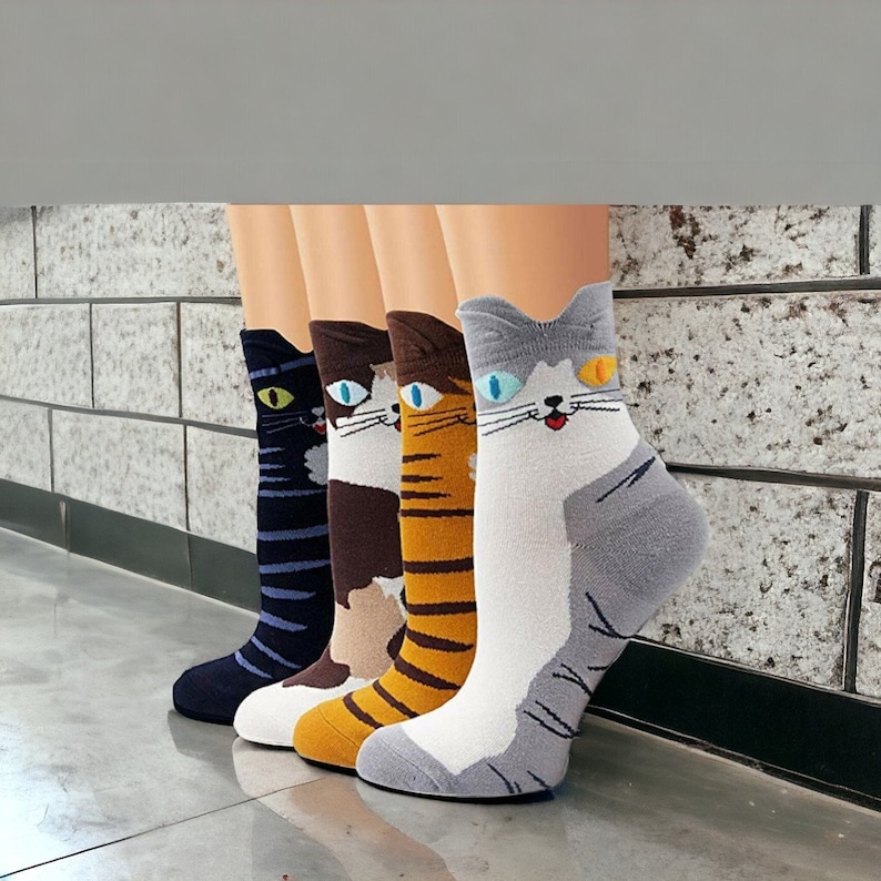 Cat Socks Cotton - Novelty Ladies Socks, 4 Pairs (Size 4-7) image 2