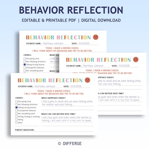 May include: Printable behaviour reflection sheets available as a digital download. The sheets have a colourful header and include sections for student name, date, choices, what happened, and how to improve. Designed for classroom use.