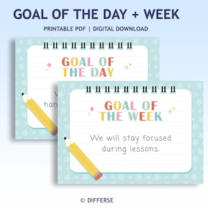 May include: Two printable PDF notebooks with the text "GOAL OF THE DAY" and "GOAL OF THE WEEK". The notebooks have a light blue background with white stars and a yellow pencil. The text "We will stay focused during lessons" is also visible.