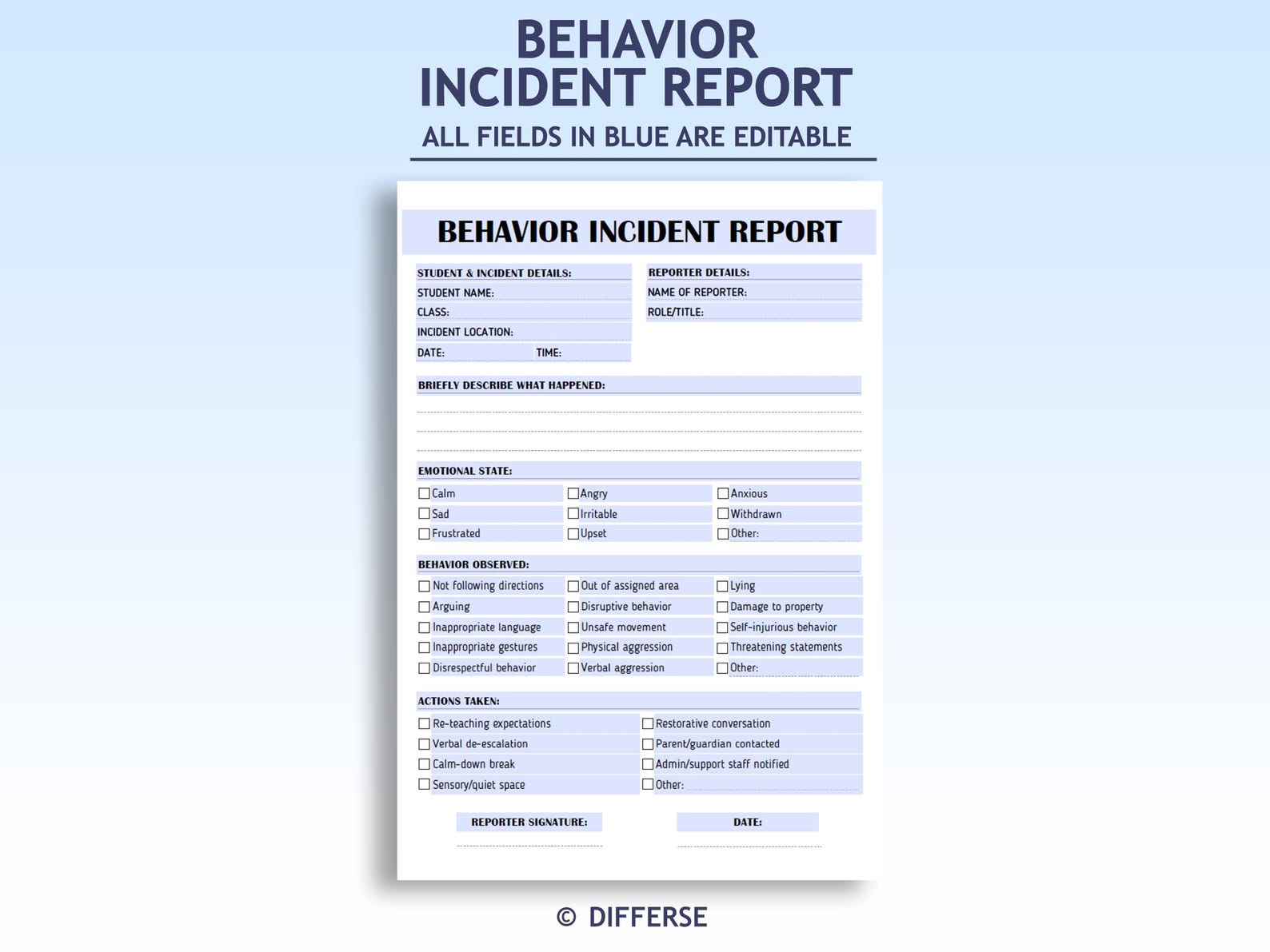 Editable Behavior Incident Report | Behavior Report | Early ...