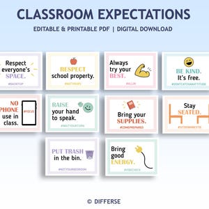 Puede incluir: Un conjunto de nueve carteles rectangulares de expectativas para el aula con bordes en tonos pastel y texto en negro. Cada cartel presenta una regla única, como Respect everyone's SPACE, Respect school property, Always try your BEST, BE KIND, NO PHONE use in class, RAISE your hand to speak, Bring your SUPPLIES, Stay SEATED, PUT TRASH in the bin y Bring good ENERGY.