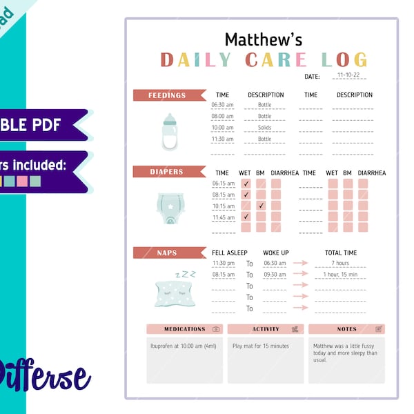 Editable Baby Daily Log | Printable Nanny Log | Daycare Report | Caregiver Log | Baby Care Log | Babysitter PDF | Printable Nanny Report