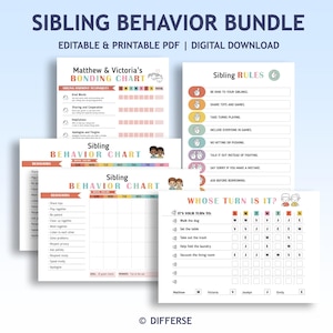 Könnte beinhalten: Ein Bündel druckbarer Geschwister-Verhaltensdiagramme und -Regeln mit dem Text "SIBLING BEHAVIOR BUNDLE" oben. Die Diagramme umfassen Bindungsdiagramme, Regeln und ein Diagramm "Wer ist dran?", alles in einem farbenfrohen Design.