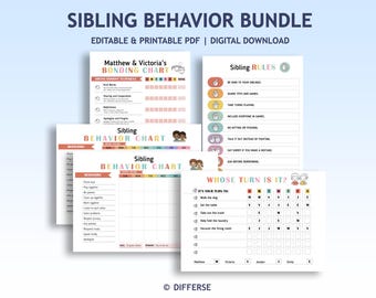 Op de afbeelding: Een bundel afdrukbare gedragskaarten en regels voor broers en zussen, met de tekst "SIBLING BEHAVIOR BUNDLE" bovenaan. De kaarten bevatten bindingskaarten, regels en een "Wie is er aan de beurt?" kaart, allemaal in een kleurrijk ontwerp.