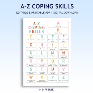 Op de afbeelding: Een afdrukbare A-Z Coping Skills-kaart in pastelkleuren. Elke letter komt overeen met een coping-vaardigheid, zoals "Langzaam ademhalen" en "Mediteren". De kaart is een digitale download.
