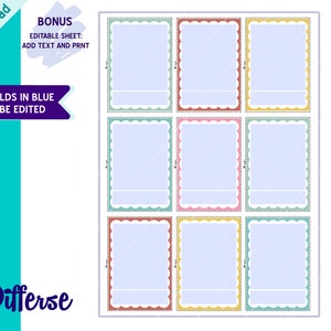 May include: Nine blank printable cards with scalloped edges and different colored borders. The cards are light blue with a white line across the middle. The text "BONUS EDITABLE SHEET: ADD TEXT AND PRINT" is at the top of the page. The text "ALL FIELDS IN BLUE CAN BE EDITED" is at the bottom of the page.