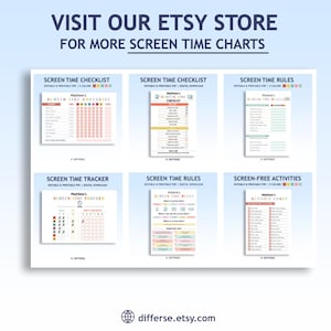 May include: A set of six printable charts for screen time management. The charts are colorful and feature a variety of designs, including checklists, trackers, and rules. The charts are editable and printable, and they are perfect for helping kids manage their screen time.