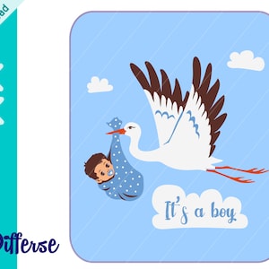 Ooievaar met babyjongen | SVG Cut File & PNG | Babyjongen PNG | Pasgeboren svg | Stork Baby svg | Stork baby aankondiging | Baby Aankomst