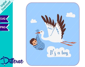 Cicogna con bambino / SVG Cut File & PNG / Baby boy PNG / Newborn svg / Stork Baby svg / Stork baby announcement / Baby Arrival