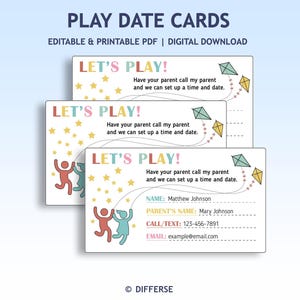 Speeldatumkaarten | Contactkaarten voor kinderen | Visitekaartje voor kinderen| Let's Play-uitnodiging | Kaartsjabloon | Visitekaartje | Visitekaartje zomer