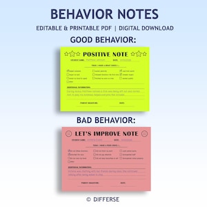 Puede incluir: Una descarga digital con dos notas de comportamiento imprimibles. La nota superior es de color amarillo brillante con el texto "BUEN COMPORTAMIENTO" y "NOTA POSITIVA". La nota inferior es rosa con el texto "MAL COMPORTAMIENTO" y "NOTA PARA MEJORAR".