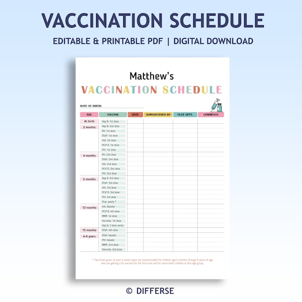 Child Vaccination Schedule | Immunization Record | Vaccine Chart | Daycare Immunization | Vaccination Record | Child Health Record