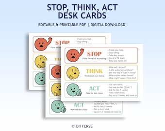 Editable Stop and Think Before you Act Desk Cards | Self Regulation Behavior Management | Classroom Behavior Chart | Kids Anger Management