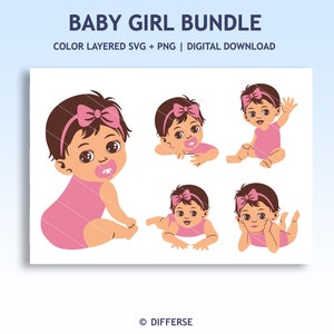 Set di 5 bambine carine / File di taglio SVG e PNG / Bambina SVG / Pacchetto bambino SVG / Clipart neonato / Principessa Baby SVG / Bambina PNG