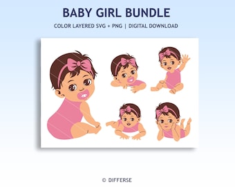 Set of 5 Cute Baby Girls | SVG Cut File & PNG | Baby Girl SVG | Baby Bundle svg | Newborn Clipart | Baby Princess svg | Little Girl png