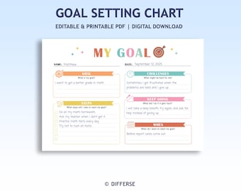 May include: A printable goal-setting chart with the title "Goal Setting Chart" in a colorful design. The chart includes sections for goals, steps, challenges, and a timeline. The text includes "Editable & Printable PDF | Digital Download."
