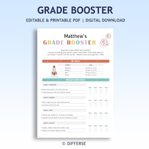 May include: A printable PDF worksheet titled "Grade Booster" with a rocket ship graphic and a checklist for students to track their progress. The worksheet includes sections for "My Goals" and "Weekly Action Plan" with checkboxes for each week.