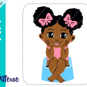 May include: A cartoon illustration of a Black girl with brown hair and pink bows sitting on a blue potty. She is wearing a pink swimsuit and has a happy expression on her face.