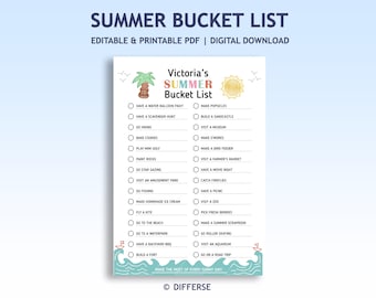 May include: A printable summer bucket list titled "Victoria's Summer Bucket List" with a light blue background. The list includes activities like "Have a water balloon fight" and "Make popsicles". The design features illustrations of a palm tree, sun, and waves.