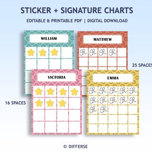 May include: Four colorful sticker and signature charts with names: William, Matthew, Victoria, and Emma. Each chart has a different background color and design. The charts are labeled with the text "Sticker + Signature Charts" and "Editable & Printable PDF | Digital Download".