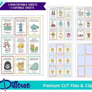 May include: A set of printable cards with colorful borders and illustrations. The cards feature riddles and jokes for kids. The text on the cards includes "Why did an old man fall in a well?", "Who can jump higher than a skyscraper?", "What do you call a fish with no eyes?", "What do you call a dancing cow?", "Why did Mom throw the butter out the window?", "What did the little core say to the mama corn?", "Why do gorillas have big nostrils?", "How do you get a squirrel to like you?", "What do you call a sleeping dinosaur?", "3 NON-EDITABLE SHEETS + 2 EDITABLE SHEETS".