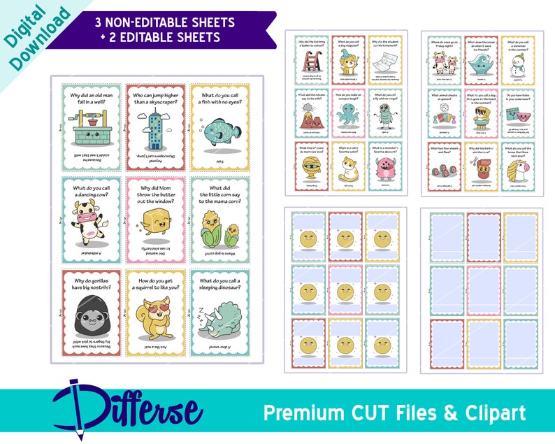 May include: A set of printable cards with colorful borders and illustrations. The cards feature riddles and jokes for kids. The text on the cards includes "Why did an old man fall in a well?", "Who can jump higher than a skyscraper?", "What do you call a fish with no eyes?", "What do you call a dancing cow?", "Why did Mom throw the butter out the window?", "What did the little core say to the mama corn?", "Why do gorillas have big nostrils?", "How do you get a squirrel to like you?", "What do you call a sleeping dinosaur?", "3 NON-EDITABLE SHEETS + 2 EDITABLE SHEETS".