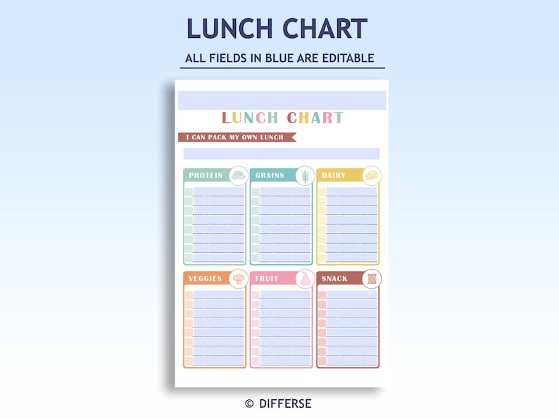 Puede incluir: Un gr&aacute;fico de almuerzo imprimible con secciones coloridas para diferentes grupos de alimentos. El gr&aacute;fico incluye secciones para prote&iacute;nas, granos, l&aacute;cteos, verduras, frutas y refrigerios. El texto "Puedo empacar mi propio almuerzo" est&aacute; en la parte superior del gr&aacute;fico.
