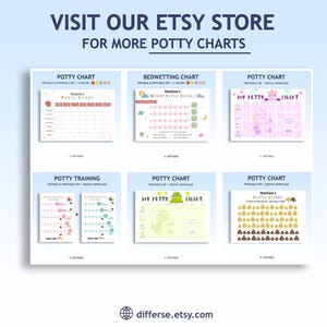 May include: Six different printable potty training charts for children. The charts feature various themes, including a pink and green chart with a unicorn, a chart with a frog, and a chart with poop emojis. The charts are customizable and printable.