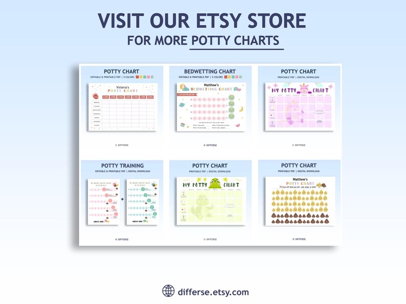 May include: Six different printable potty training charts for children. The charts feature various themes, including a pink and green chart with a unicorn, a chart with a frog, and a chart with poop emojis. The charts are customizable and printable.