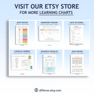 May include: A collection of printable learning charts, including a math poster, homework tracker, and backpack checklist. The image features colorful designs and the text "Visit Our Etsy Store For More Learning Charts."