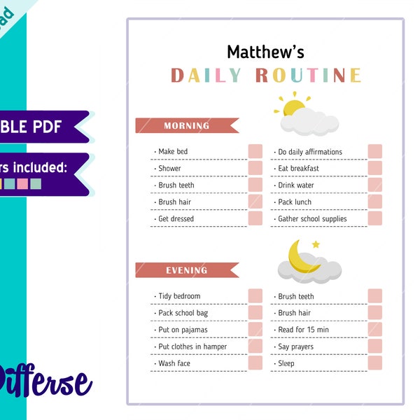 Routine Chart für Kinder | Job-Chart | Tägliche Checkliste | Job Chart Vorlage | Morgen Routine | Gute-Nacht-Routine | Routine Checkliste