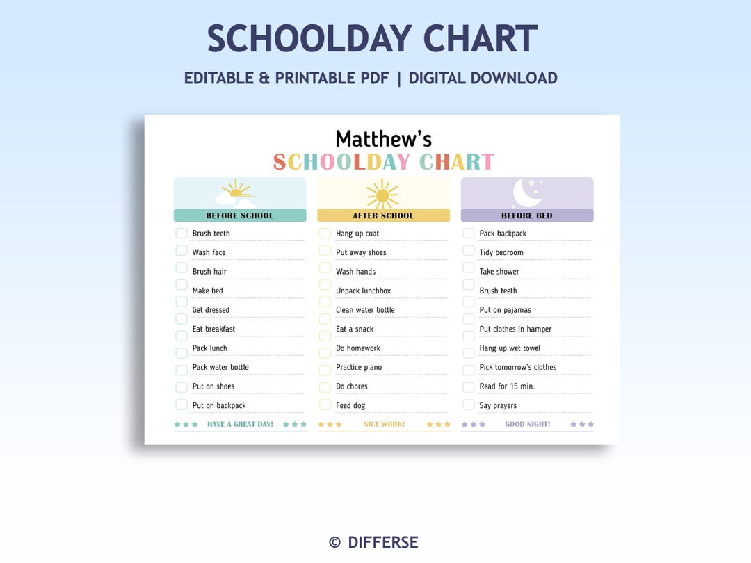 Schoolday Chart | Schoolday Checklist | Chore Chart | Daily Schedule ...
