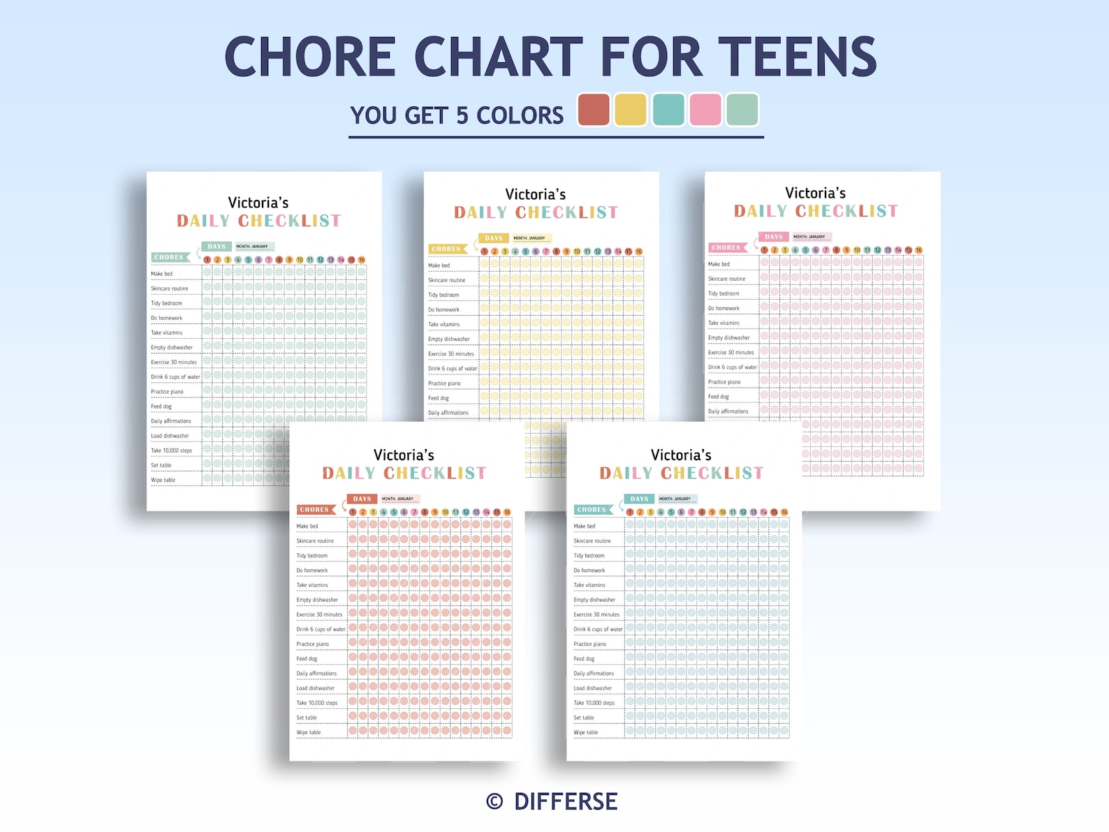 Teen Chore Chart | Daily Chore Chart for Teens | Printable Chore Chart ...