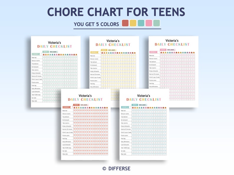 May include: Five printable chore charts for teens, each with a different color background: blue, yellow, pink, orange, and green. Each chart has a title that says "Victoria's Daily Checklist" and includes a list of chores with checkboxes.