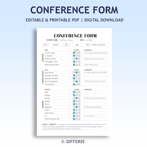Può includere: Un modulo di conferenza stampabile con il titolo "Conference Form". Il modulo include sezioni per il nome dello studente, la data, le competenze e i commenti. Il modulo è progettato per il download digitale.