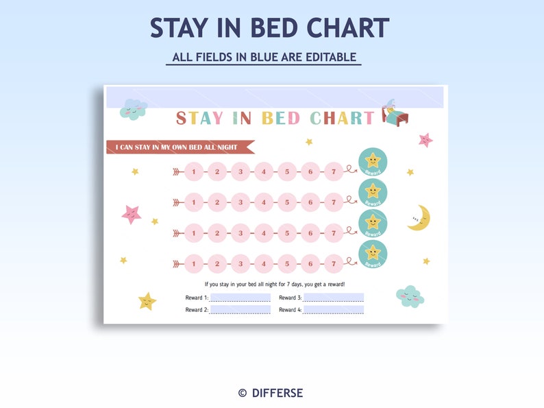 Op de afbeelding: Een printbare kaart met een roze en blauwe kleurschema om kinderen te helpen de hele nacht in bed te blijven. De kaart heeft de titel "Stay in Bed Chart" en bevat een sectie voor beloningen.