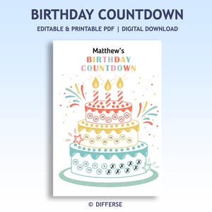 May include: Printable birthday countdown chart featuring a colorful layered cake with candles and a star on each layer. The chart is titled "Matthew's Birthday Countdown" and has numbers 1-30 on the cake.