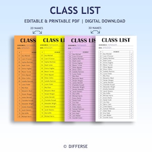 Op de afbeelding: Een digitale download afbeelding met vier klassenlijst sjablonen in oranje, geel, lavendel en wit. Elke lijst bevat ruimte voor namen van leerlingen en huiswerkdata. De bovenste tekst luidt "CLASS LIST" en "EDITABLE & PRINTABLE PDF | DIGITAL DOWNLOAD".