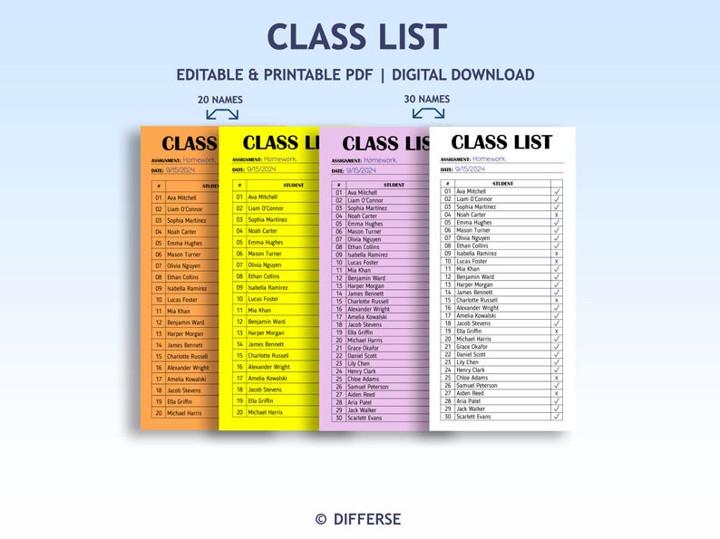 Editable Class List Template | Class List Checklist | Attendance ...