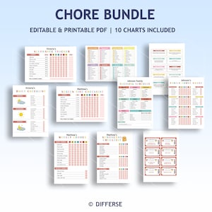 May include: A set of 10 printable chore charts for kids. The charts are colorful and feature a variety of themes, including allowance trackers, daily checklists, screen time checklists, weekly chores, school day checklists, cleaning schedules, and bonus charts. The charts are editable and printable in PDF format.